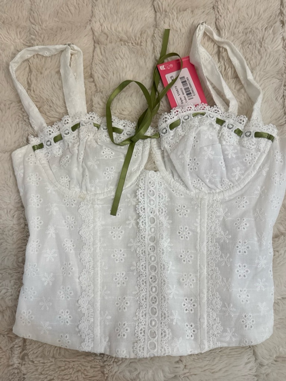 Edikted White Eyelet Lace Bustier Tank with Green Ribbon Trim